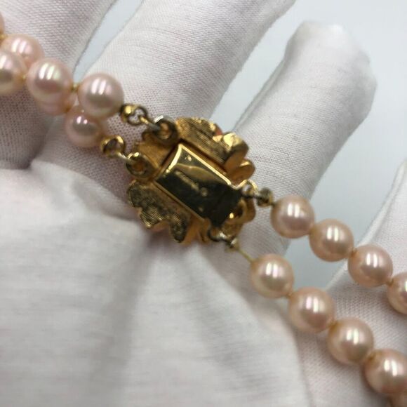 Vintage Vendone Women's Flower Clasp Pink Faux Pearl Double Strand Necklace - Picture 6 of 11